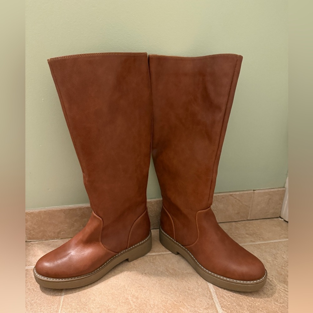 Knee high brown faux leather boots